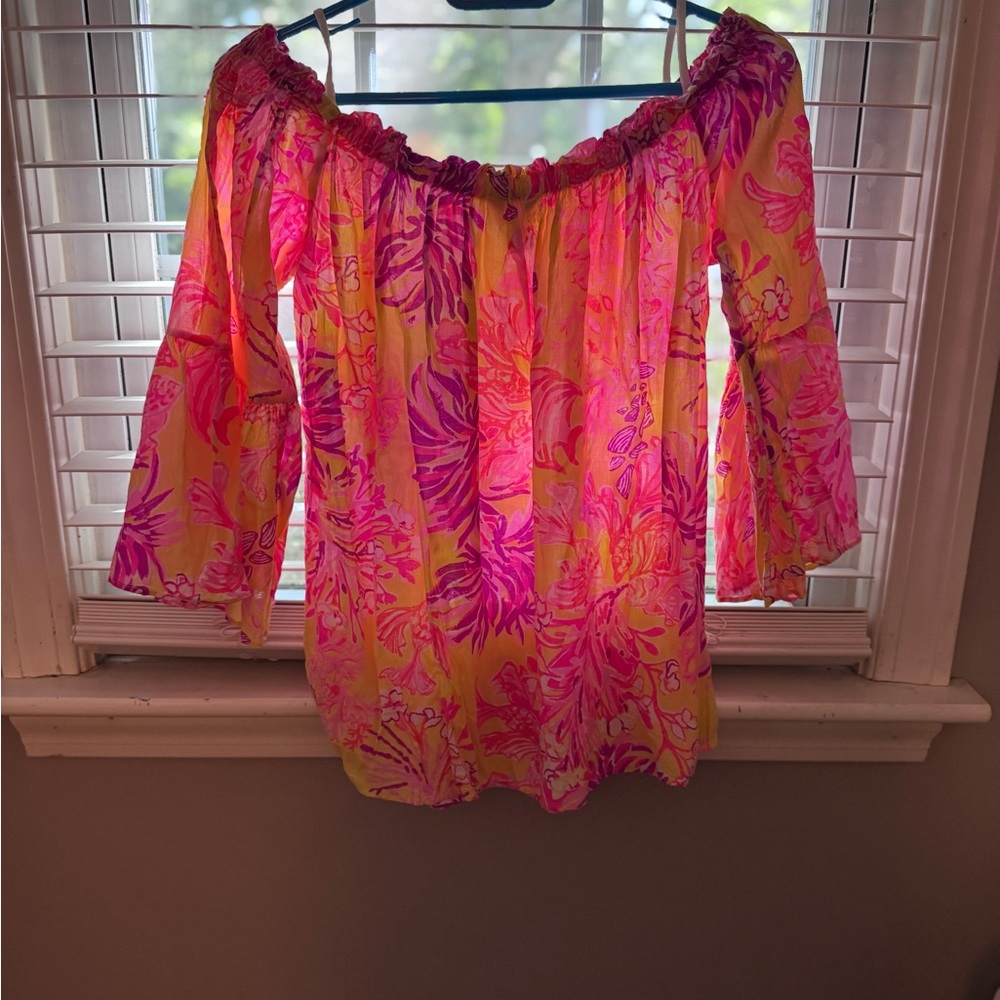 Lilly Pulitzer Vibrant Floral Off-Shoulder Blouse - Pink and Yellow